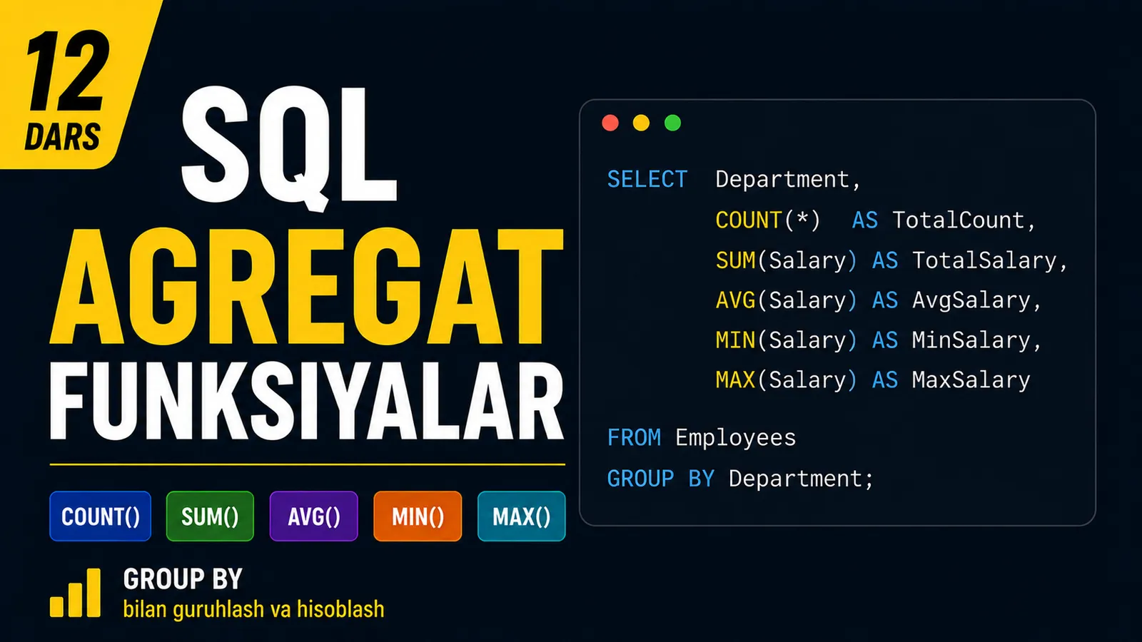 12-dars. Agregat funksiyalar (COUNT, SUM, AVG, MIN, MAX)
