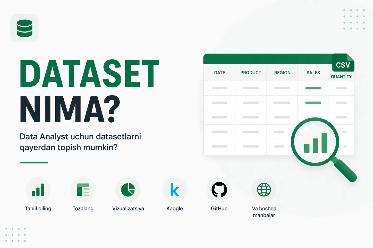 Dataset nima? Data Analyst uchun datasetlarni qayerdan topish mumkin?