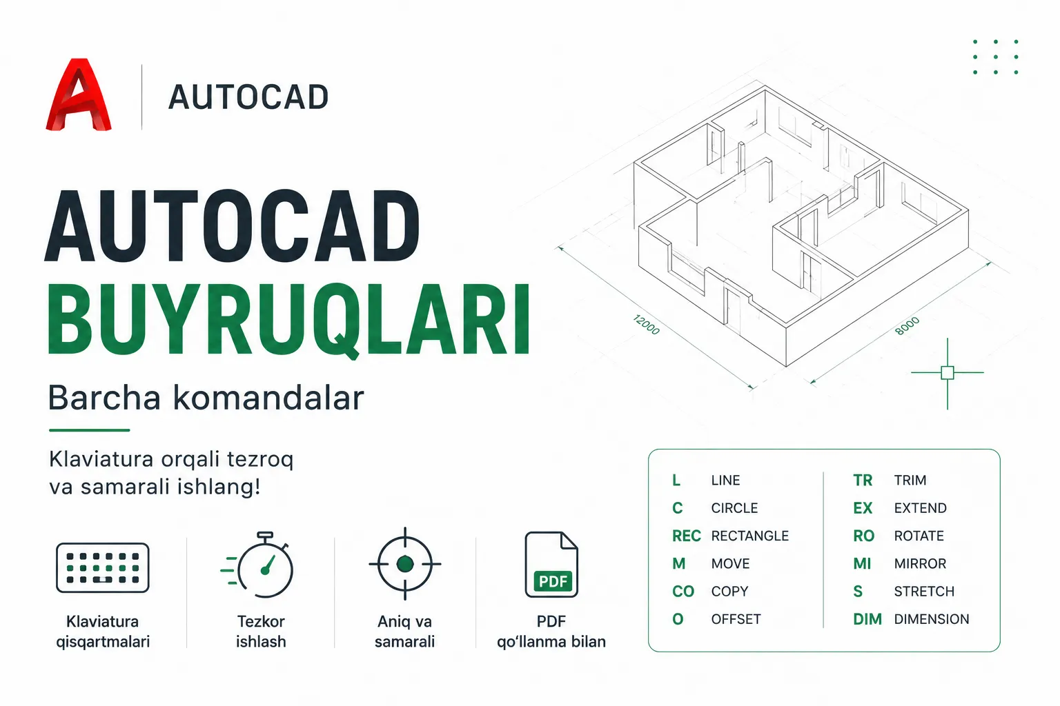 AutoCAD buyruqlari: barcha komandalar va klaviatura qisqartmalari (PDF)