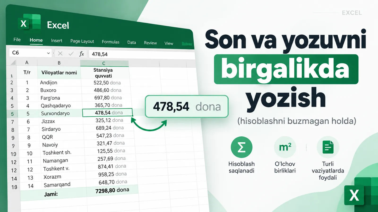 Son va yozuvlarni yonma-yon yozish (hisoblashni buzmagan holda)